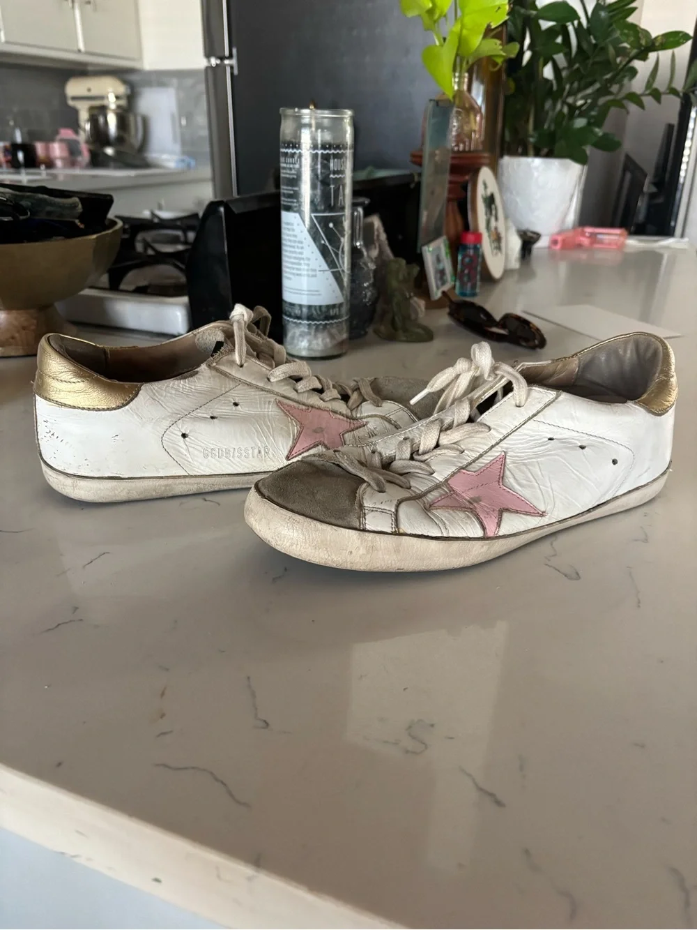 Golden Goose White Leather Sneakers with Pink Star and Gold Heel